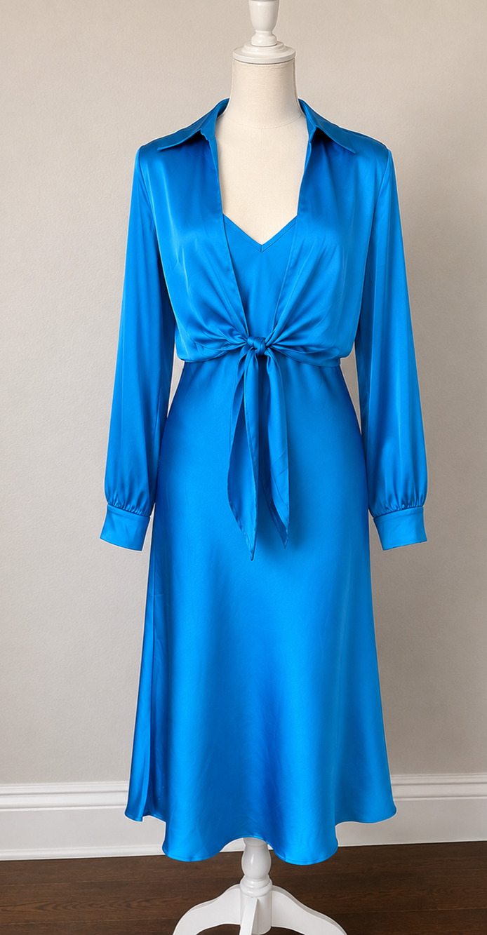 Lumiere Blue Satin 2 Pc Midi Slip Dress Tie Front Blouse Set Women’s NWT - MED